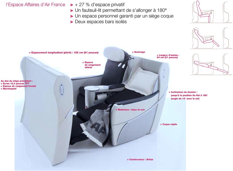 Largeur d'assise : 54 cm (21 pouces) Au dos du siège précédent : > Ecran 10,4 pouces TFT > Espace de rangement frontal > Marchepied >