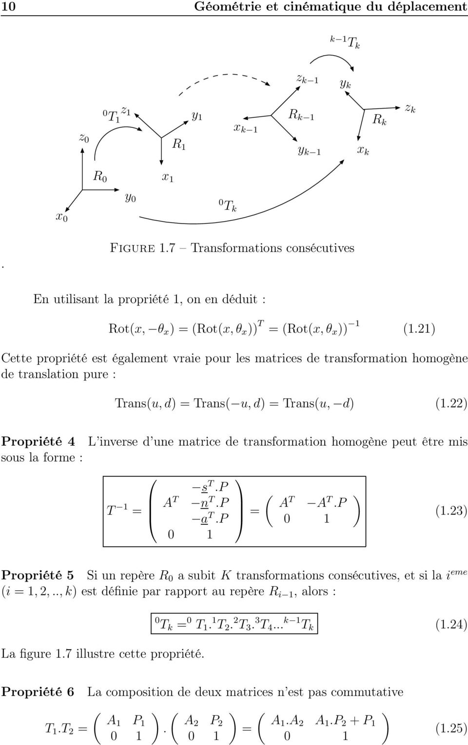 Trans(u, d) (122) Propriété 4 L inverse d une matrice de transformation homogène peut être mis sous la forme : T 1 = s T P A T n T P a T P 1 = ( A T A T P 1 ) (123) Propriété 5 Si un repère R a subit