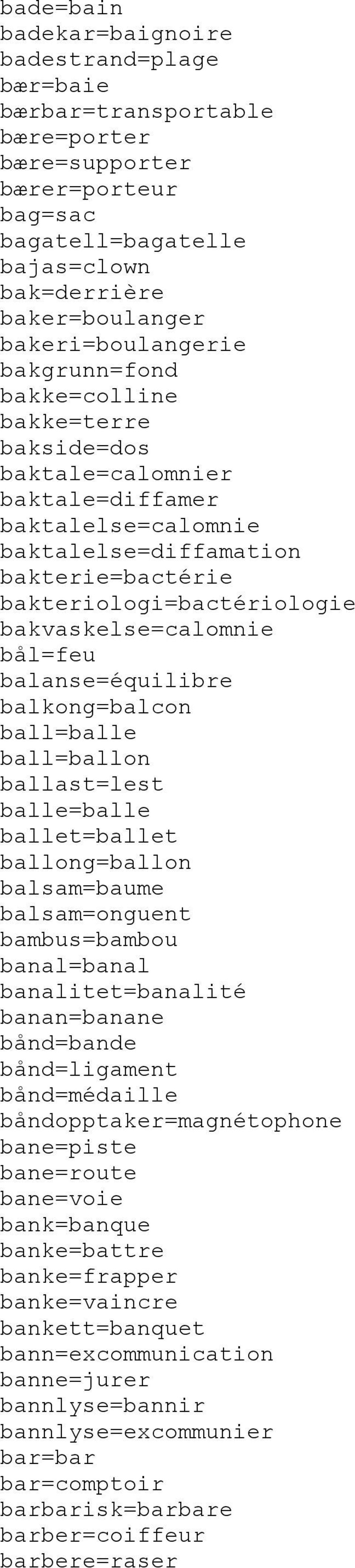 bakvaskelse=calomnie bål=feu balanse=équilibre balkong=balcon ball=balle ball=ballon ballast=lest balle=balle ballet=ballet ballong=ballon balsam=baume balsam=onguent bambus=bambou banal=banal