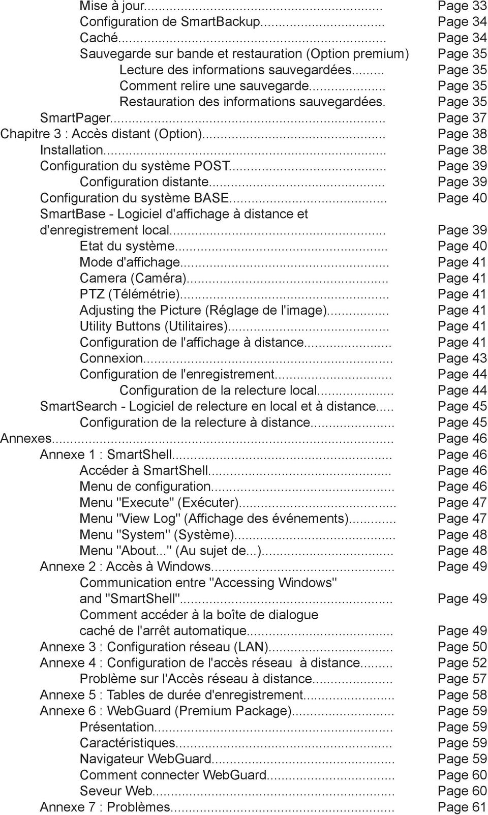 .. Page 38 Configuration du système POST... Page 39 Configuration distante... Page 39 Configuration du système BASE... Page 40 SmartBase - Logiciel d'affichage à distance et d'enregistrement local.