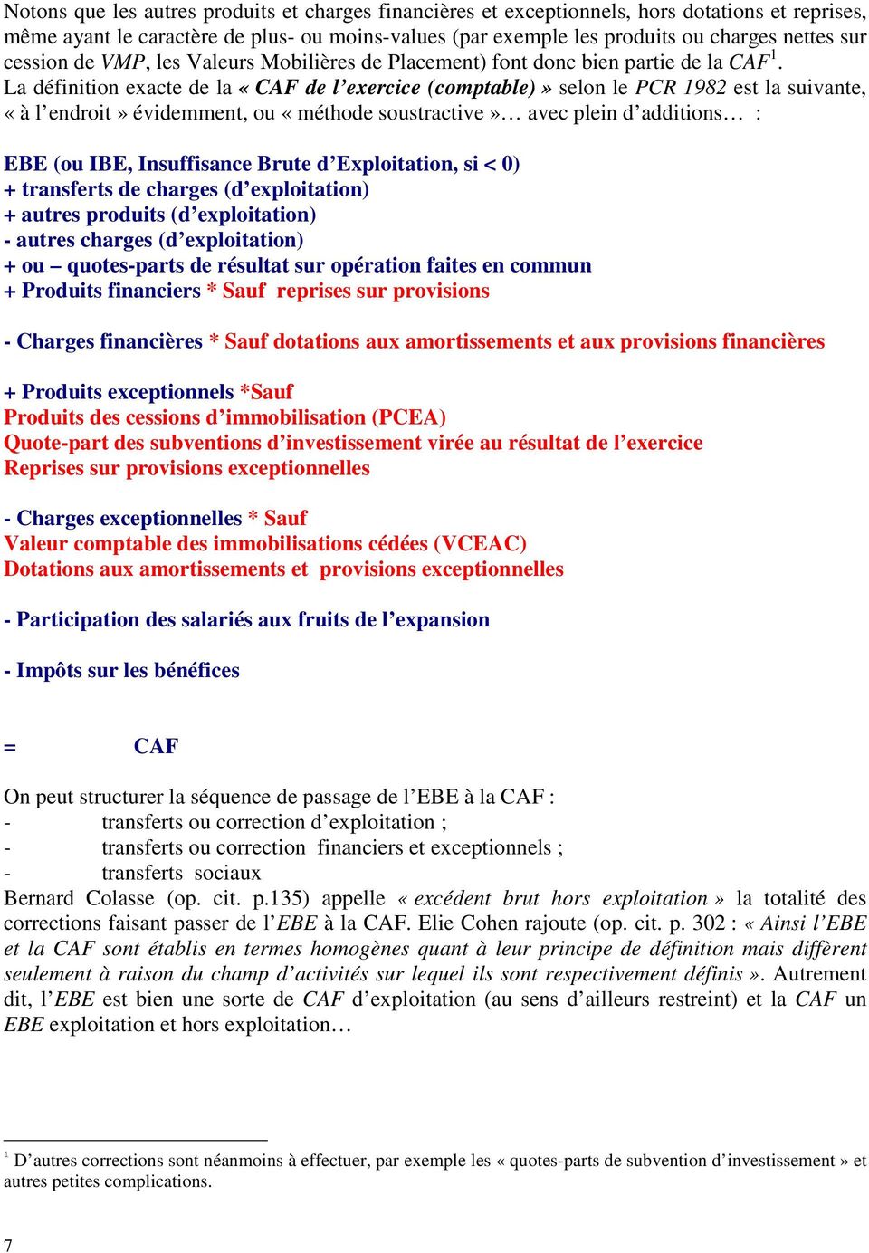La définition exacte de la «CAF de l exercice (comptable)» selon le PCR 1982 est la suivante, «à l endroit» évidemment, ou «méthode soustractive» avec plein d additions : EBE (ou IBE, Insuffisance
