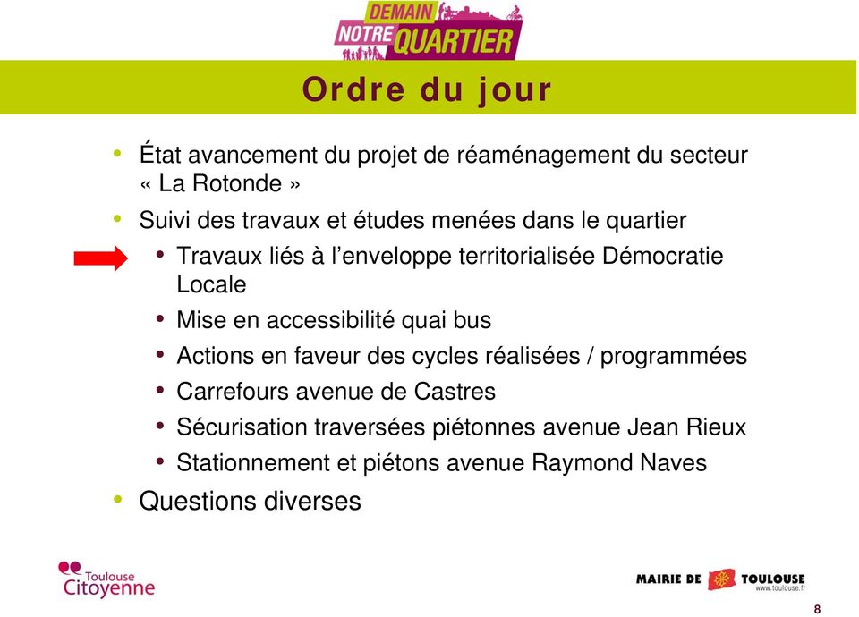 accessibilité quai bus Actions en faveur des cycles réalisées / programmées Carrefours avenue de Castres