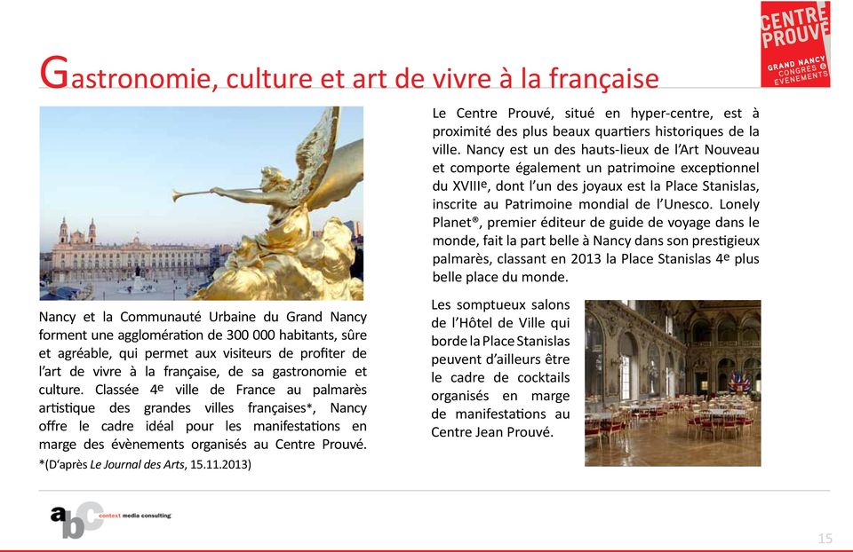 Lonely Planet, premier éditeur de guide de voyage dans le monde, fait la part belle à Nancy dans son prestigieux palmarès, classant en 2013 la Place Stanislas 4e plus belle place du monde.