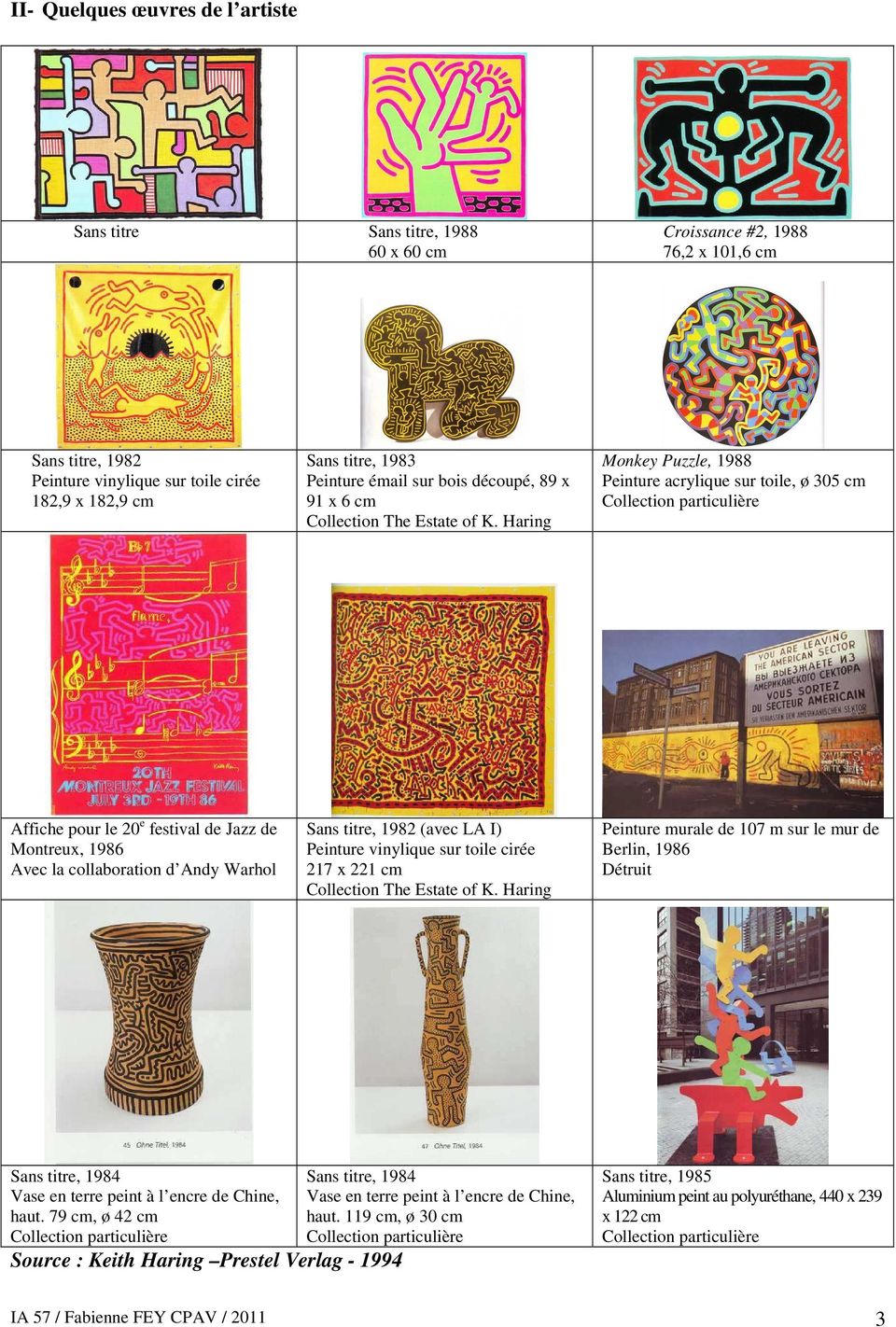 Haring Monkey Puzzle, 1988 Peinture acrylique sur toile, ø 305 cm Affiche pour le 20 e festival de Jazz de Montreux, 1986 Avec la collaboration d Andy Warhol Sans titre, 1982 (avec LA I) Peinture