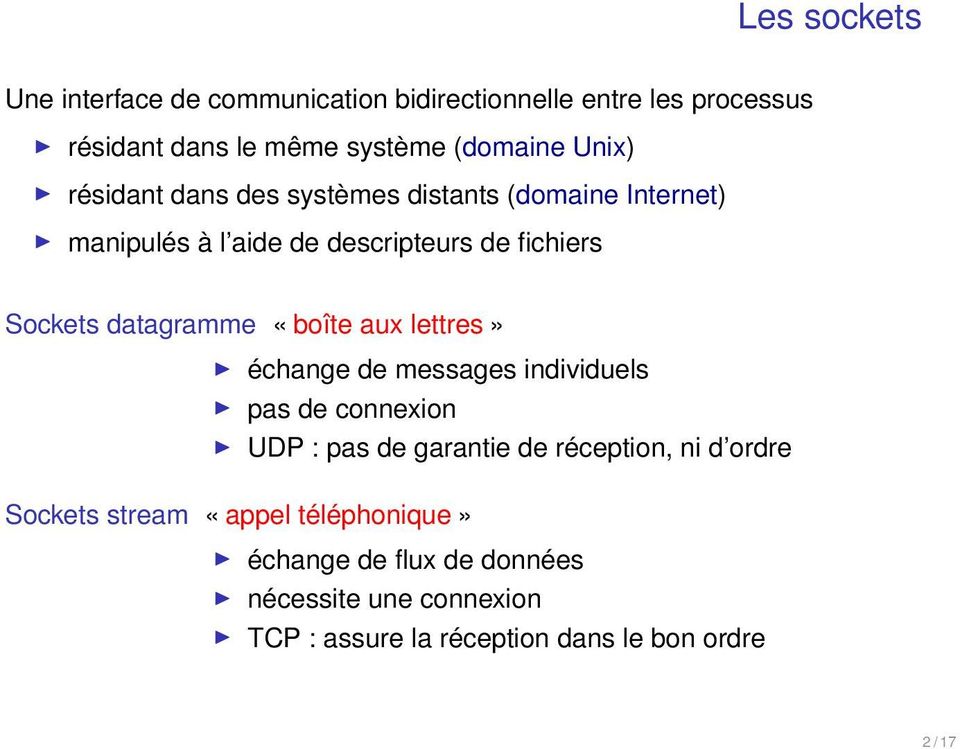 «boîte aux lettres» échange de messages individuels pas de connexion UDP : pas de garantie de réception, ni d ordre Sockets