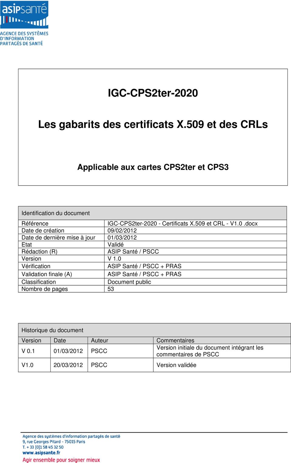 Version Vérification Validation finale (A) Classification Nombre de pages IGC-CPS2ter-2020 - Certificats X.509 et CRL - V1.0.docx 09/02/2012 01/03/2012 Validé ASIP Santé / PSCC V 1.
