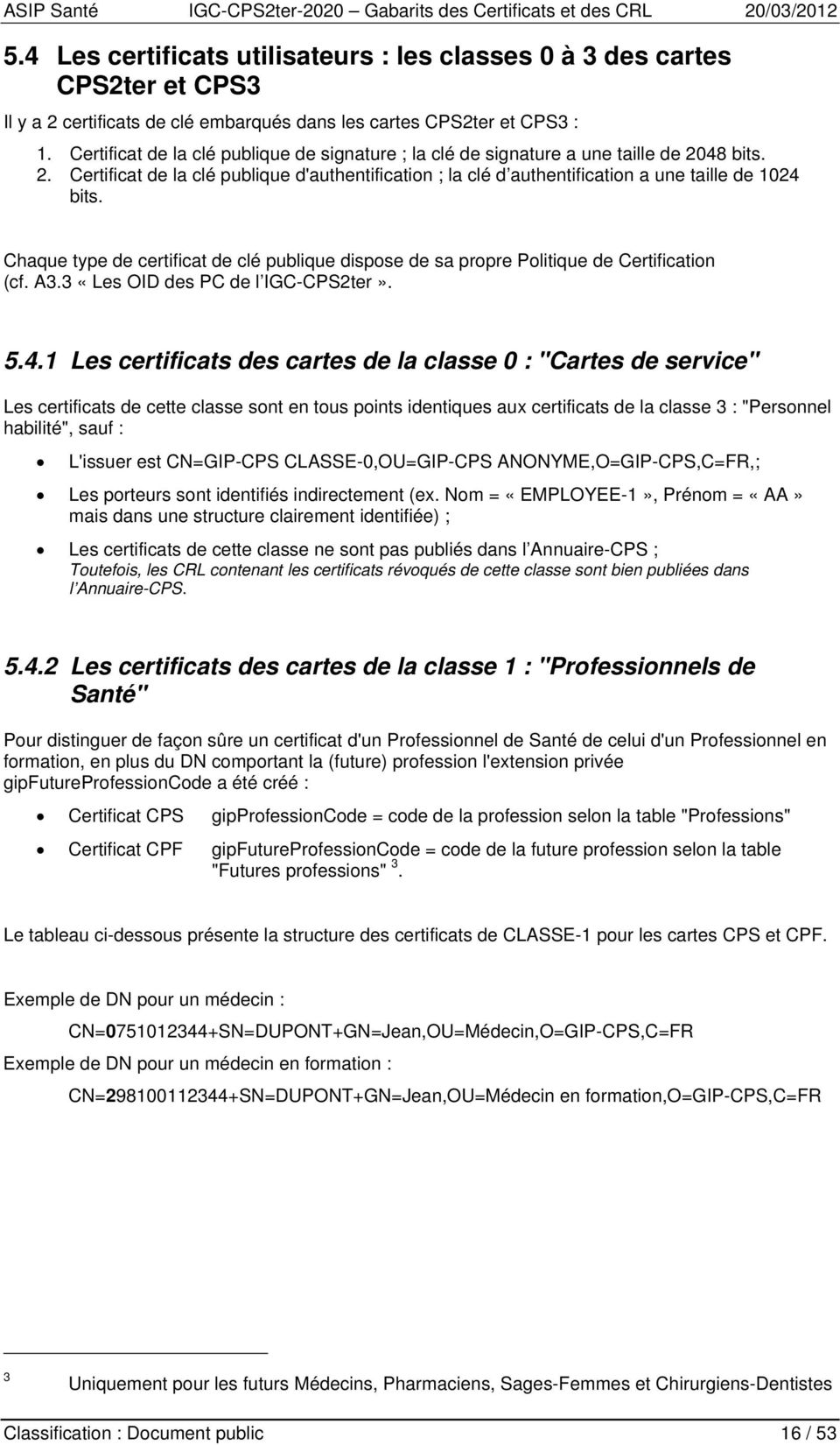 Chaque type de certificat de clé publique dispose de sa propre Politique de Certification (cf. A3.3 «Les OID des PC de l IGC-CPS2ter». 5.4.