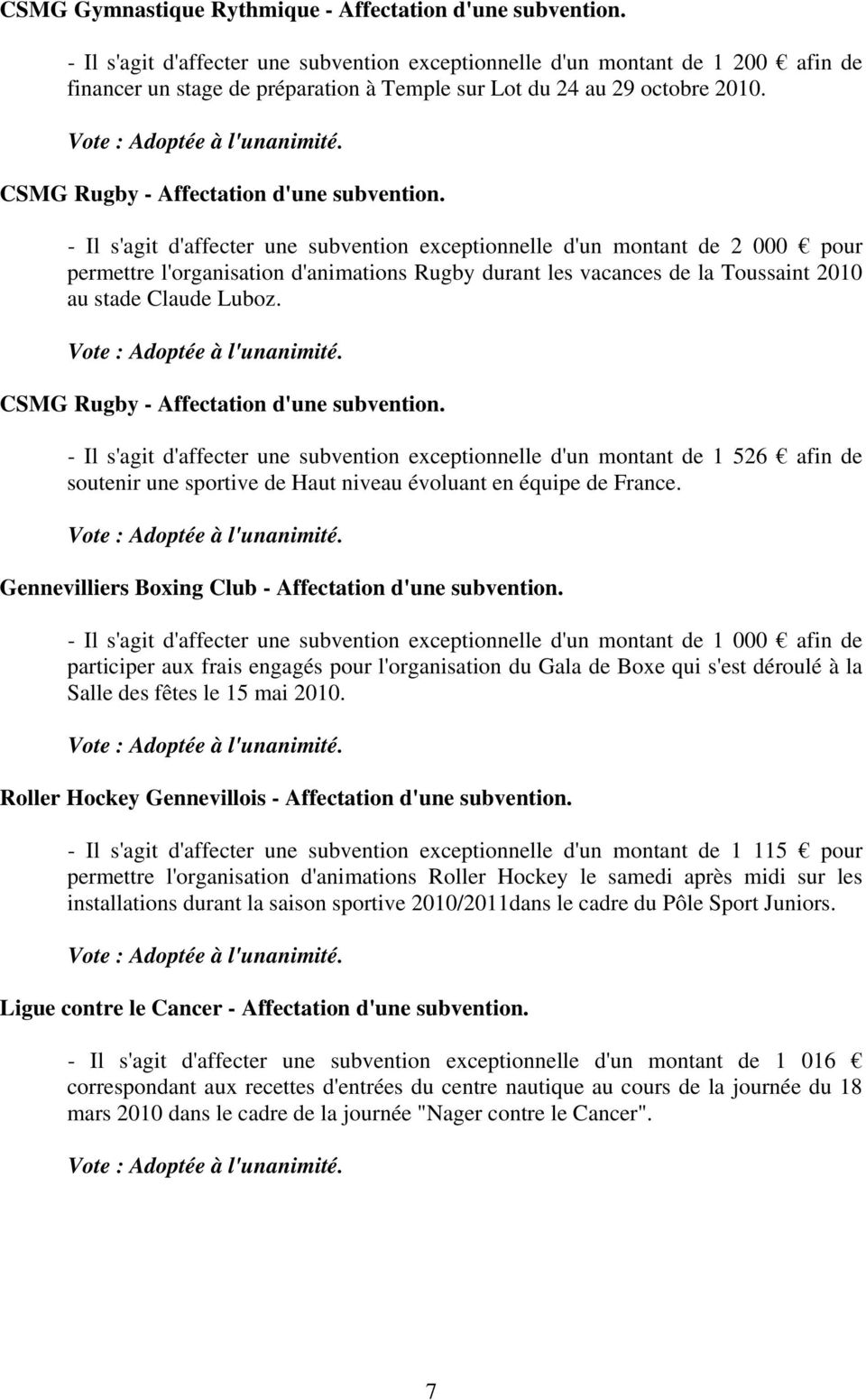 CSMG Rugby - Affectation d'une subvention.