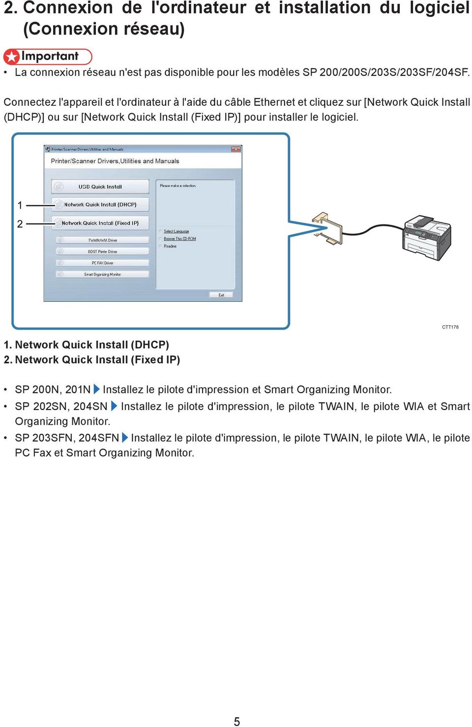 Network Quick Install (DHCP) 2. Network Quick Install (Fixed IP) SP 200N, 201N Installez le pilote d'impression et Smart Organizing Monitor.