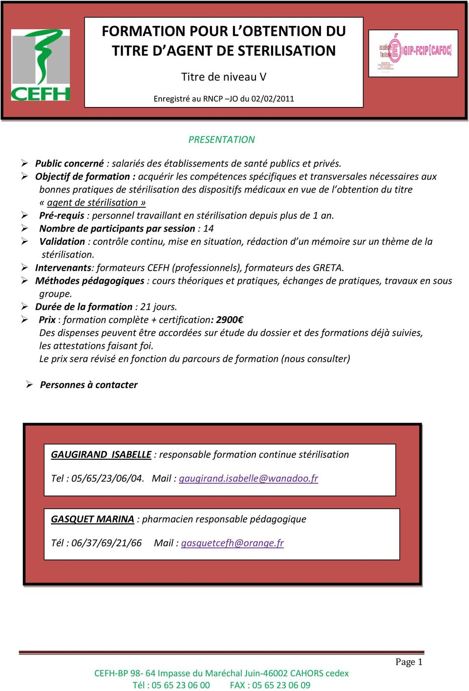 FORMATION POUR L OBTENTION DU TITRE D AGENT DE STERILISATION - PDF  Téléchargement Gratuit