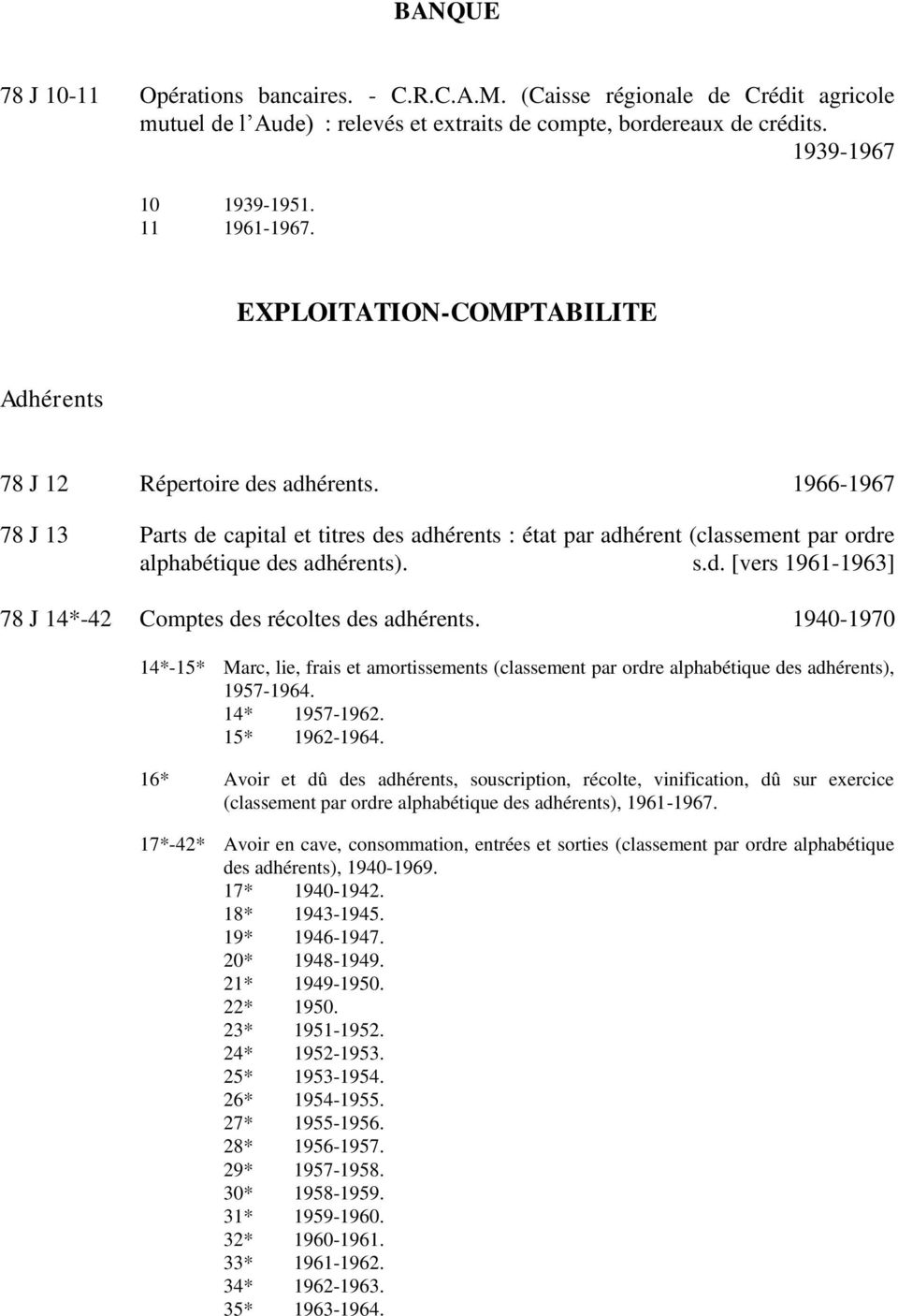 1966-1967 78 J 13 Parts de capital et titres des adhérents : état par adhérent (classement par ordre alphabétique des adhérents). s.d. [vers 1961-1963] 78 J 14*-42 Comptes des récoltes des adhérents.
