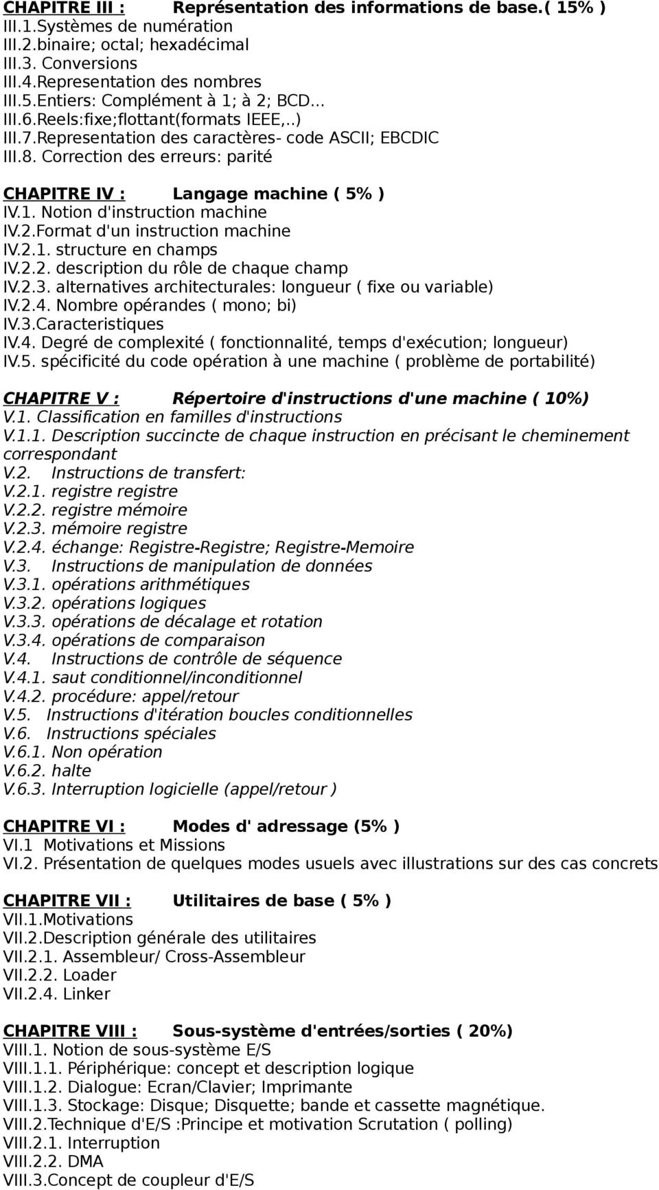 Notion d'instruction machine IV.2.Format d'un instruction machine IV.2.1. structure en champs IV.2.2. description du rôle de chaque champ IV.2.3.