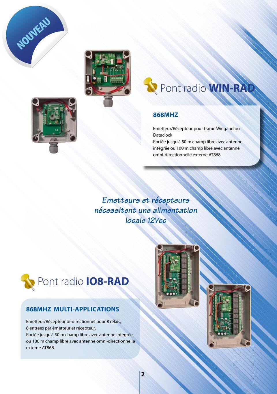 Emetteurs et récepteurs nécessitent une alimentation locale 12Vcc Pont radio IO8-RAD 868MHZ multi-applications Emetteur/Récepteur