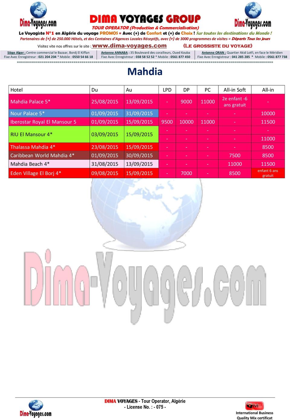 - - - 11000 Thalassa Mahdia 4* 23/08/2015 15/09/2015 - - - - 8500 Caribbean World Mahdia 4* 01/09/2015 30/09/2015 - - - 7500 8500