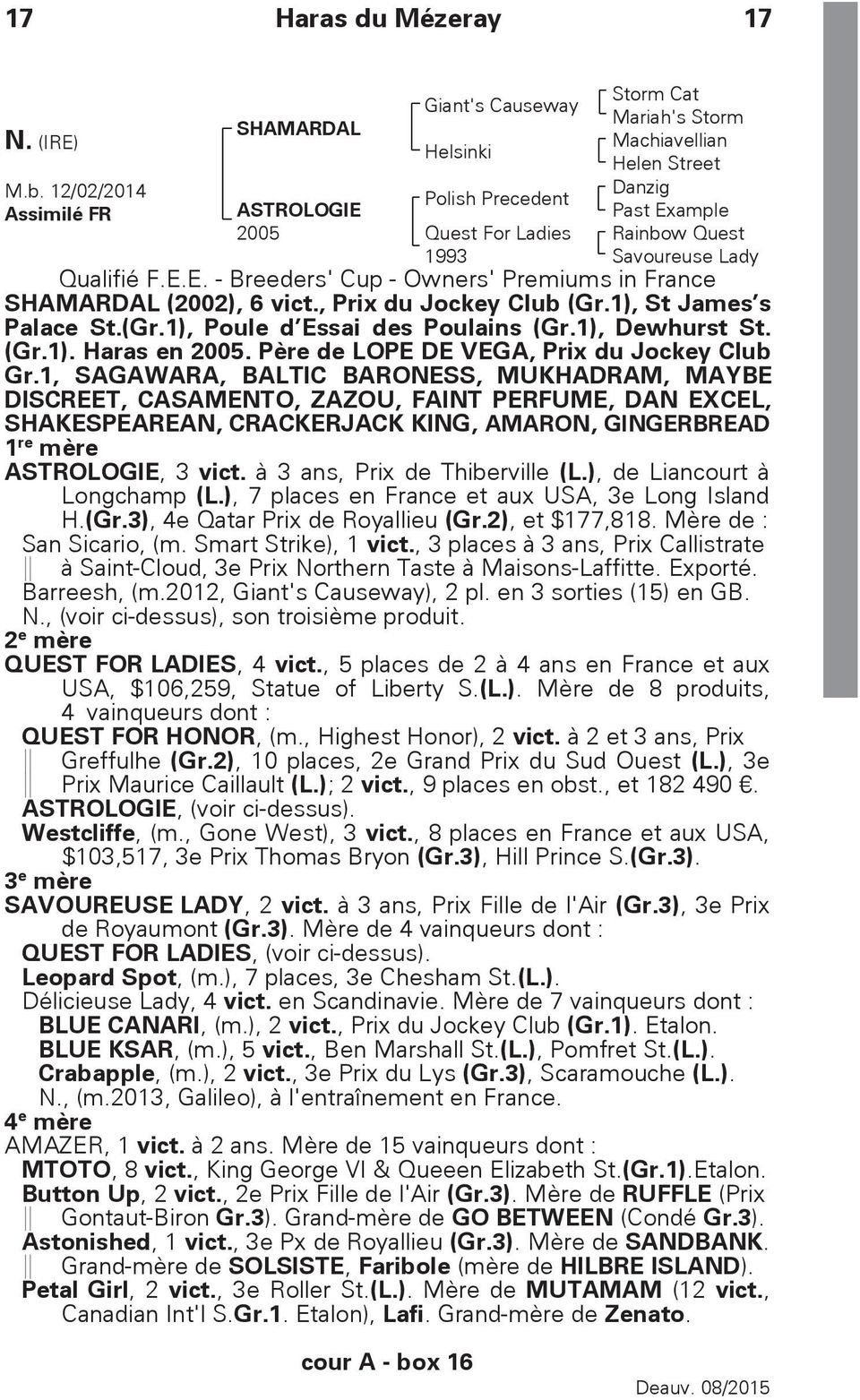 For Ladies 1993 Qualifié F.E.E. - Breeders' Cup - Owners' Premiums in France SHAMARDAL (2002), 6 vict., Prix du Jockey Club (Gr.1), St James s Palace St.(Gr.1), Poule d Essai des Poulains (Gr.