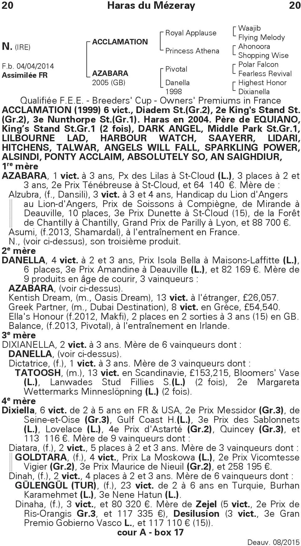 1998 Qualifiée F.E.E. - Breeders' Cup - Owners' Premiums in France ACCLAMATION (1999) 6 vict., Diadem St.(Gr.2), 2e King's Stand St. (Gr.2), 3e Nunthorpe St.(Gr.1). Haras en 2004.