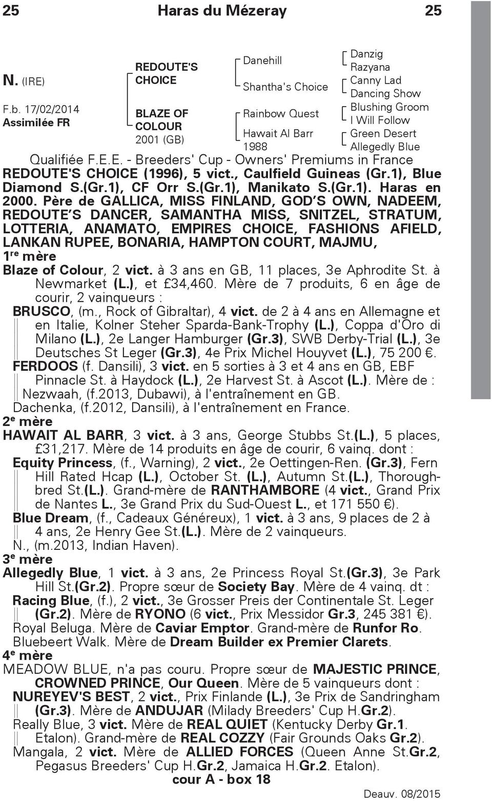 Blue Hawait Al Barr 1988 Qualifiée F.E.E. - Breeders' Cup - Owners' Premiums in France REDOUTE'S CHOICE (1996), 5 vict., Caulfield Guineas (Gr.1), Blue Diamond S.(Gr.1), CF Orr S.(Gr.1), Manikato S.