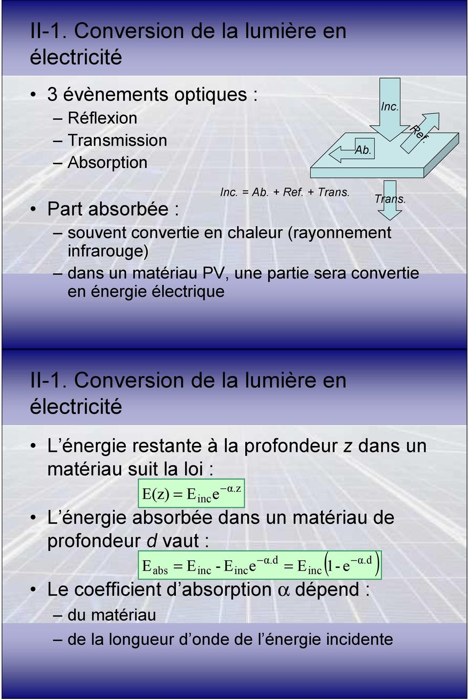Trans. Part absorbée : souvent convertie en chaleur (rayonnement infrarouge) dans un matériau PV, une partie sera convertie en énergie électrique 31 II-1.