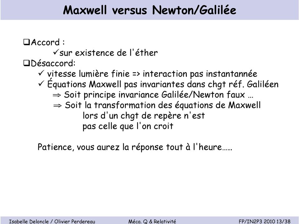 interaction pas instantannée Équations Maxwell pas invariantes dans chgt réf.