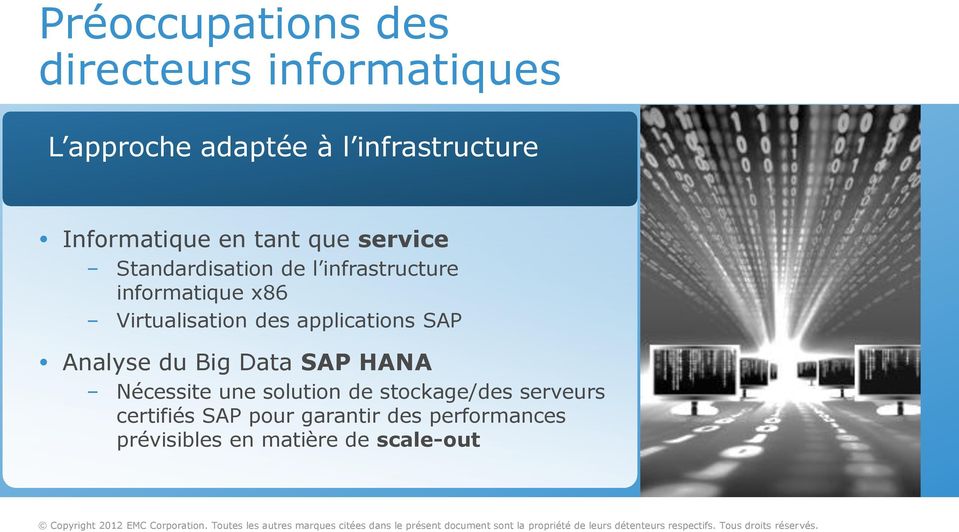 Virtualisation des applications SAP Analyse du Big Data SAP HANA Nécessite une solution de