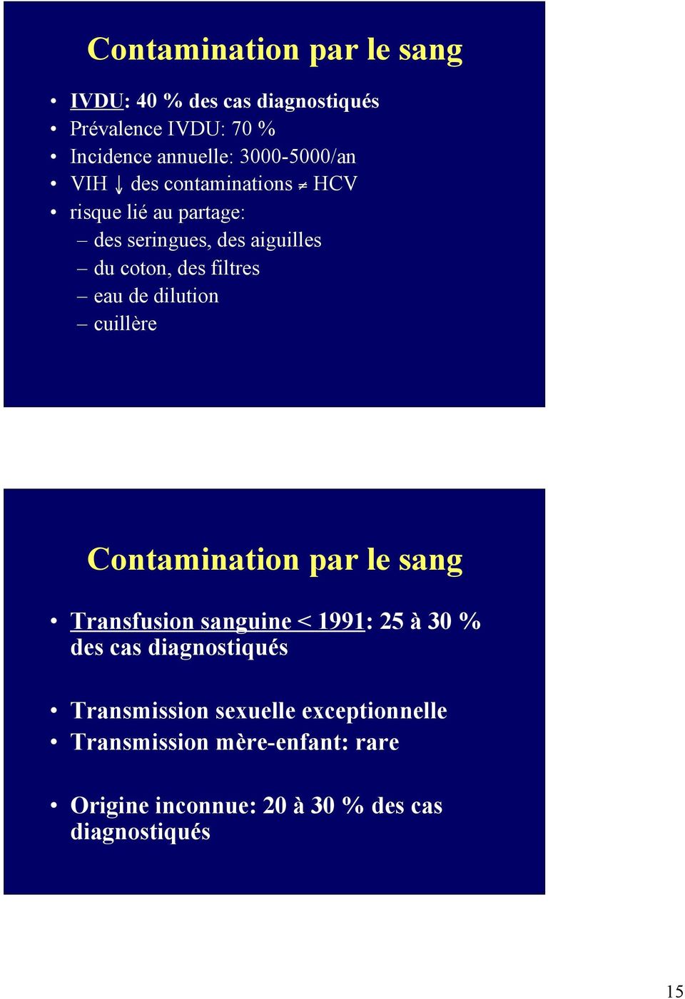 filtres eau de dilution cuillère Contamination par le sang Transfusion sanguine < 1991: 25 à 30 % des cas