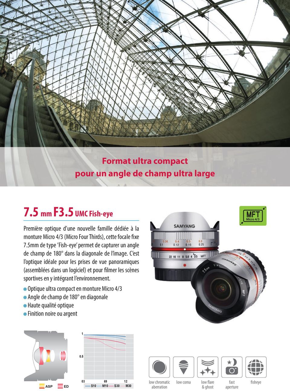 5mm de type Fish-eye permet de capturer un angle de champ de 80 dans la diagonale de l image.