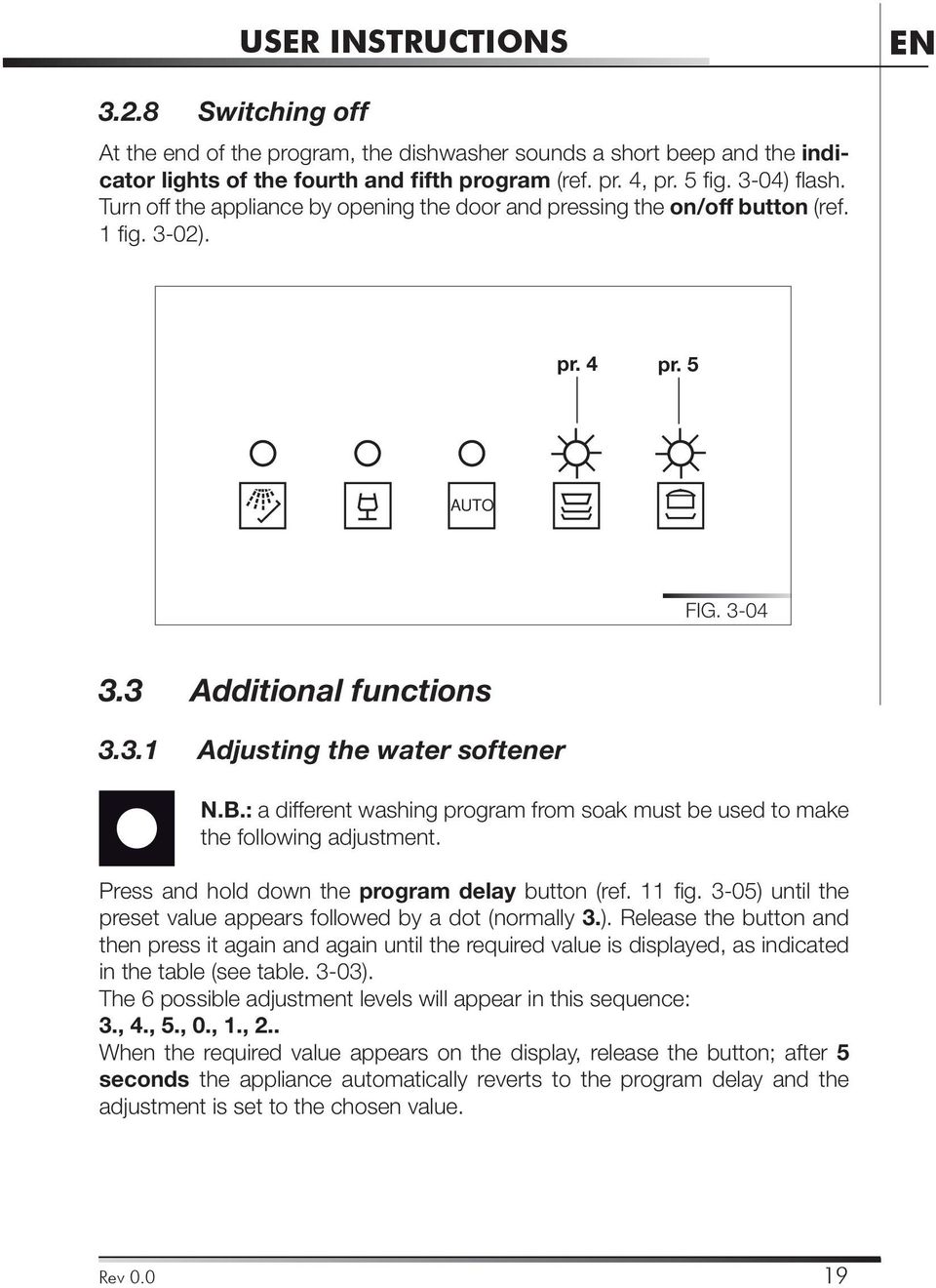 : a different washing program from soak must be used to make the following adjustment. Press and hold down the program delay button (ref. 11 fi g.
