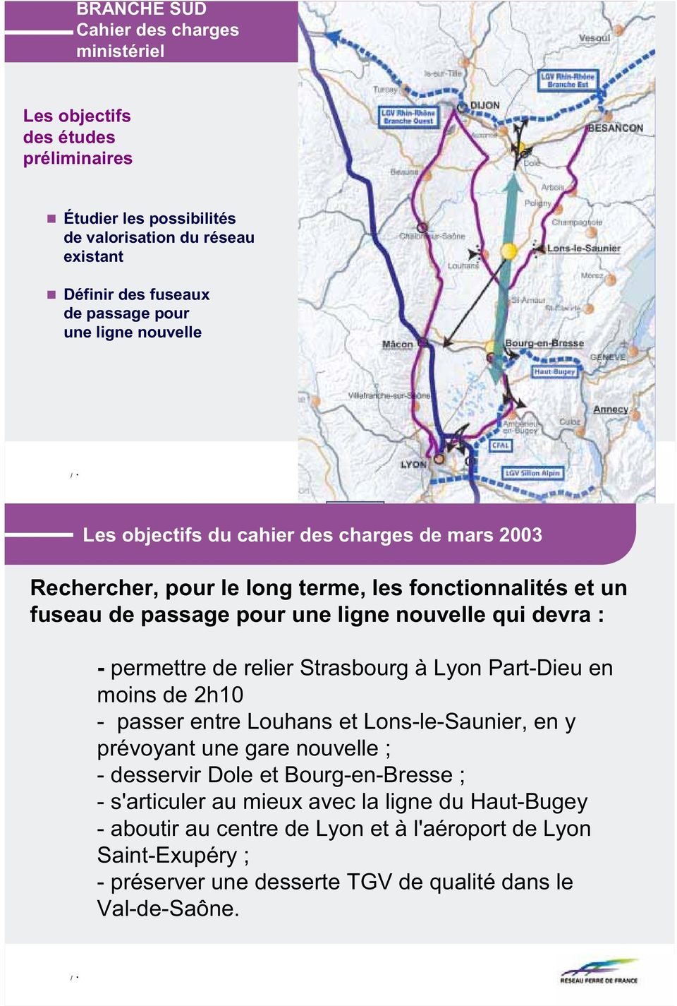permettre de relier Strasbourg à Lyon Part-Dieu en moins de 2h10 - passer entre Louhans et Lons-le-Saunier, en y prévoyant une gare nouvelle ; - desservir Dole et Bourg-en-Bresse ;