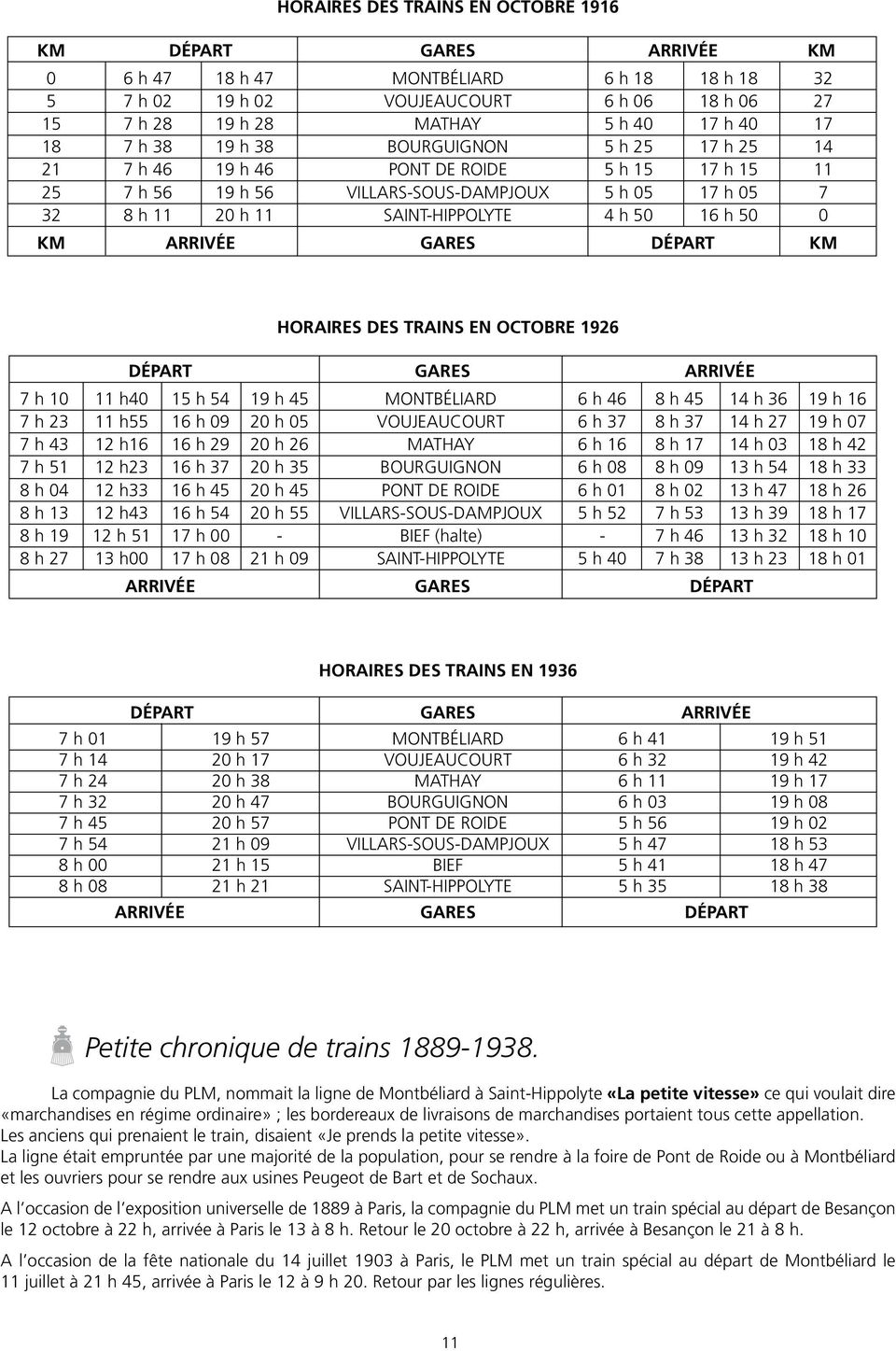 16 h 50 0 KM arrivée gares départ Km Horaires des trains en octobre 1926 Départ gares arrivée 7 h 10 11 h40 15 h 54 19 h 45 Montbéliard 6 h 46 8 h 45 14 h 36 19 h 16 7 h 23 11 h55 16 h 09 20 h 05