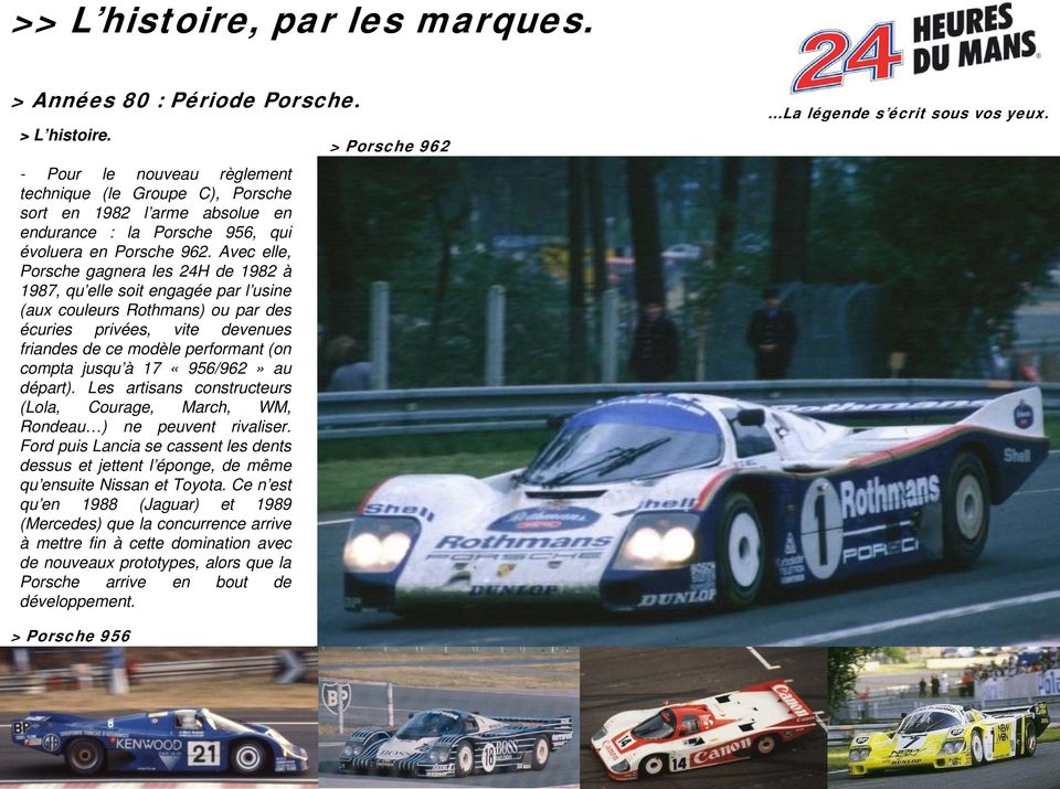 Avec elle, Porsche gagnera les 24H de 1982 à 1987, qu elle soit engagée par l usine (aux couleurs Rothmans) ou par des écuries privées, vite devenues friandes de ce modèle performant (on compta jusqu