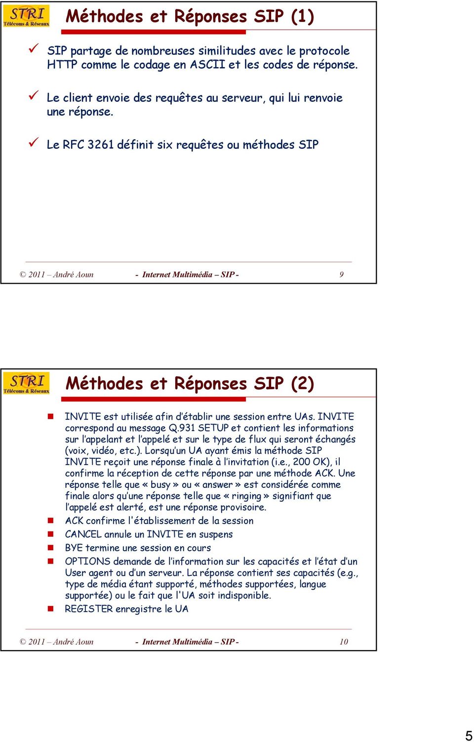 Le RFC 3261 définit six requêtes ou méthodes SIP 2011 André Aoun - Internet Multimédia SIP - 9 Méthodes et Réponses SIP (2) INVITE est utilisée afin d établir une session entre UAs.
