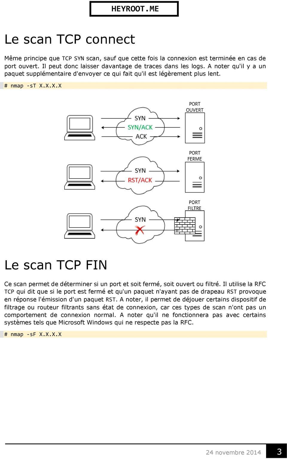 X.X.X Le scan TCP FIN Ce scan permet de déterminer si un port et soit fermé, soit ouvert ou filtré.