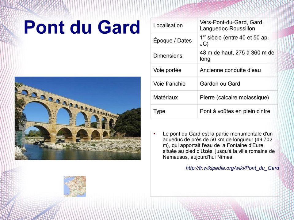 en plein cintre Le pont du Gard est la partie monumentale d'un aqueduc de près de 50 km de longueur (49 702 m), qui