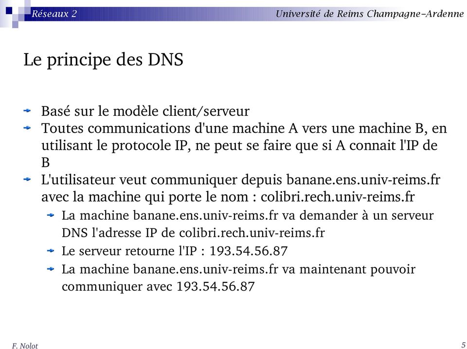 fr avec la machine qui porte le nom : colibri.rech.univ reims.fr La machine banane.ens.univ reims.fr va demander à un serveur DNS l'adresse IP de colibri.