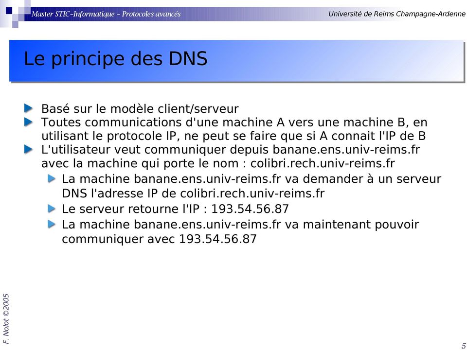 fr avec la machine qui porte le nom : colibri.rech.univ-reims.fr La machine banane.ens.univ-reims.fr va demander à un serveur DNS l'adresse IP de colibri.