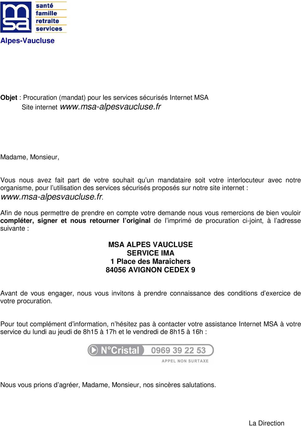 MSA ALPES VAUCLUSE SERVICE IMA 1 Place des Maraîchers AVIGNON CEDEX 9 - PDF  Téléchargement Gratuit