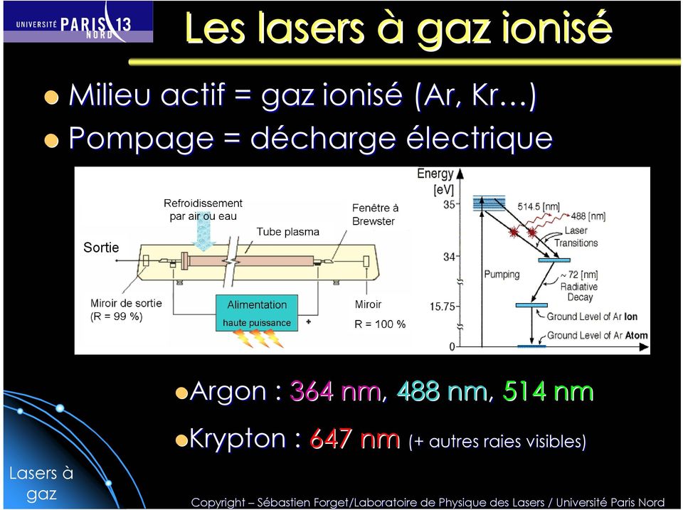 Argon Argon : 364 nm, 488 nm, 514 nm Lasers à