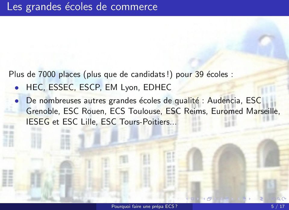 écoles de qualité : Audencia, ESC Grenoble, ESC Rouen, ECS Toulouse, ESC Reims,