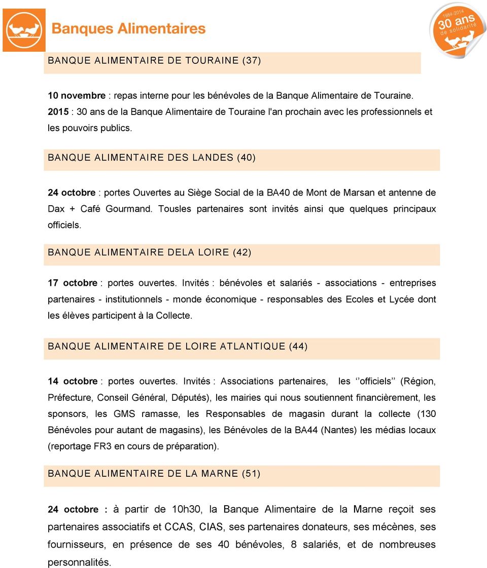 BANQUE ALIMENTAIRE DES LANDES (40) 24 octobre : portes Ouvertes au Siège Social de la BA40 de Mont de Marsan et antenne de Dax + Café Gourmand.