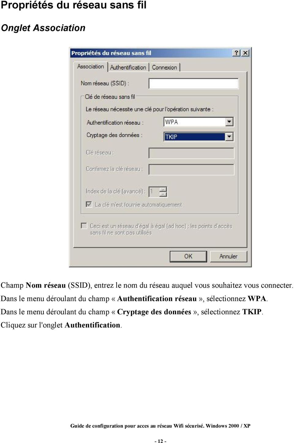 Dans le menu déroulant du champ «Authentification réseau», sélectionnez WPA.