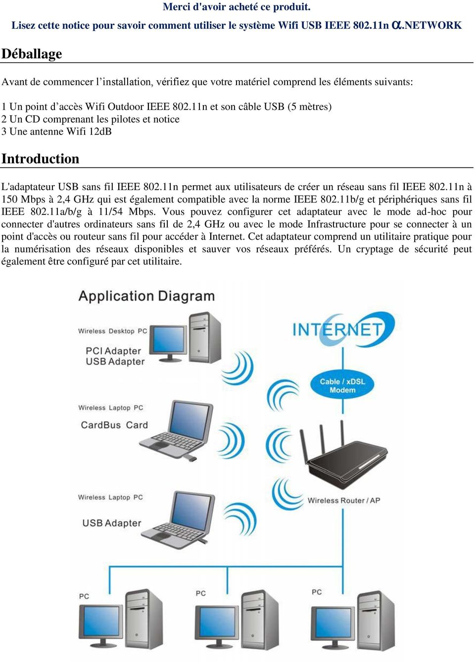 11n et son câble USB (5 mètres) 2 Un CD comprenant les pilotes et notice 3 Une antenne Wifi 12dB Introduction L'adaptateur USB sans fil IEEE 802.