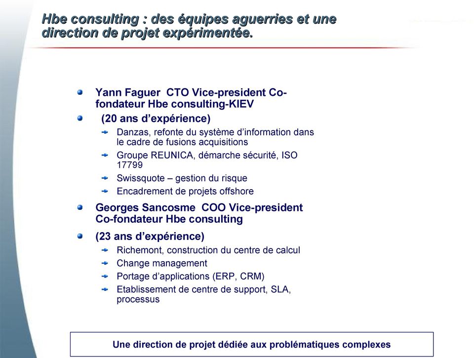 acquisitions Groupe REUNICA, démarche sécurité, ISO 17799 Swissquote gestion du risque Encadrement de projets offshore Georges Sancosme COO Vice-president