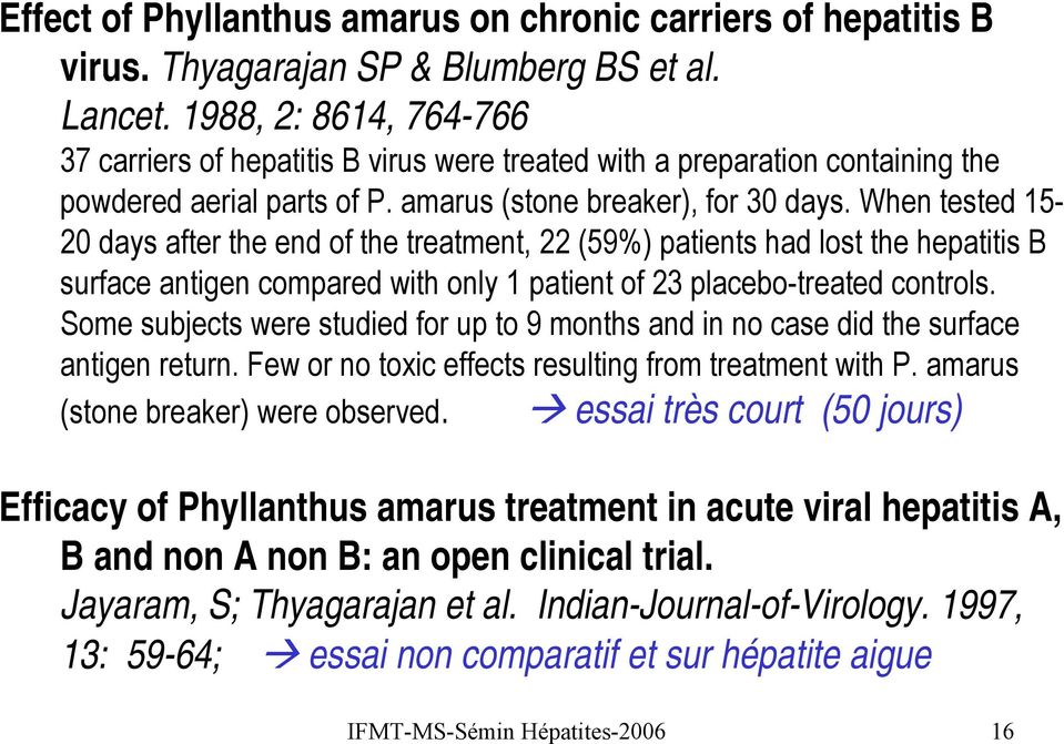 When tested 15-20 days after the end of the treatment, 22 (59%) patients had lost the hepatitis B surface antigen compared with only 1 patient of 23 placebo-treated controls.