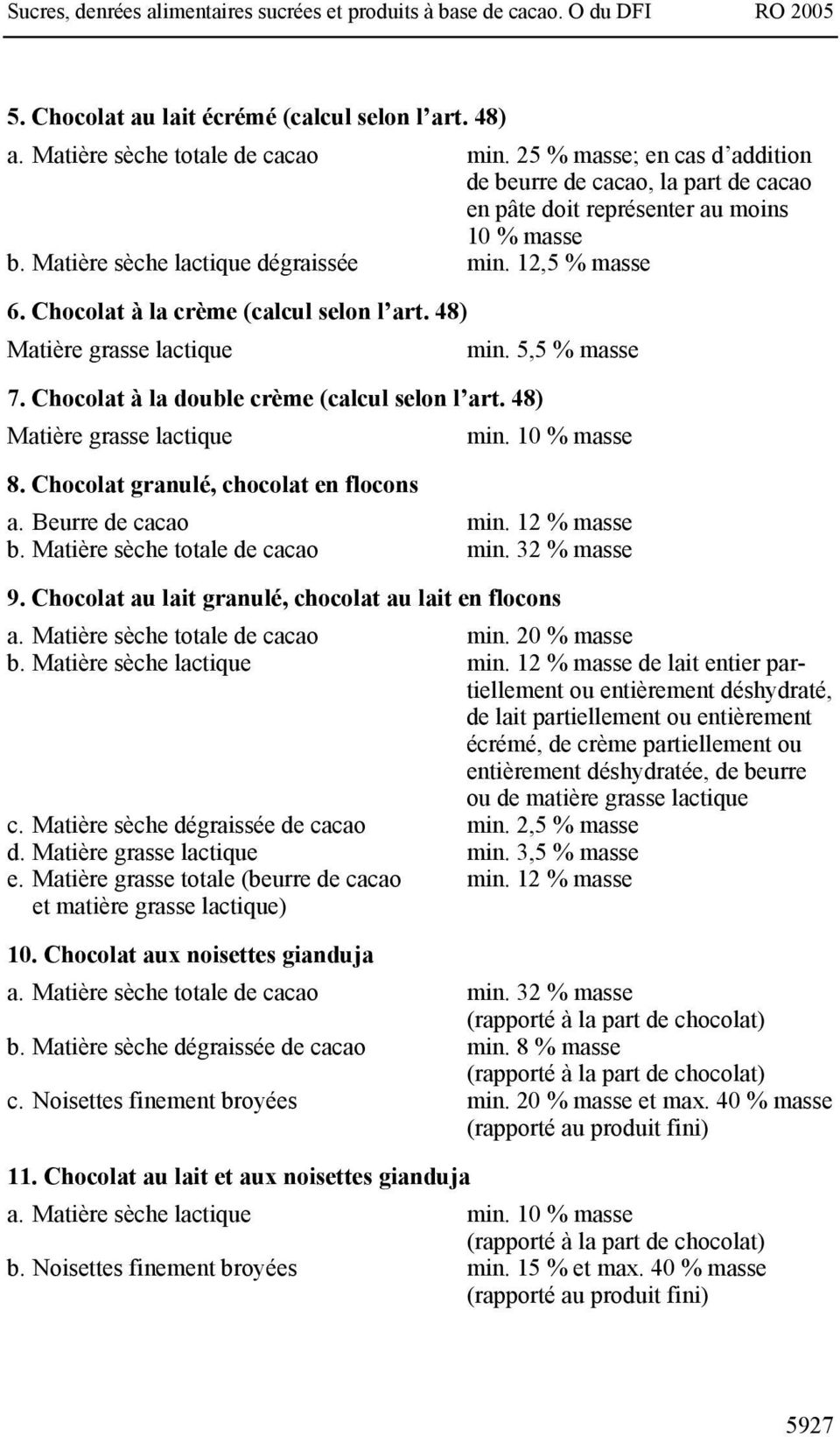 Chocolat à la crème (calcul selon l art. 48) Matière grasse lactique min. 5,5 % masse 7. Chocolat à la double crème (calcul selon l art. 48) Matière grasse lactique min. 10 % masse 8.