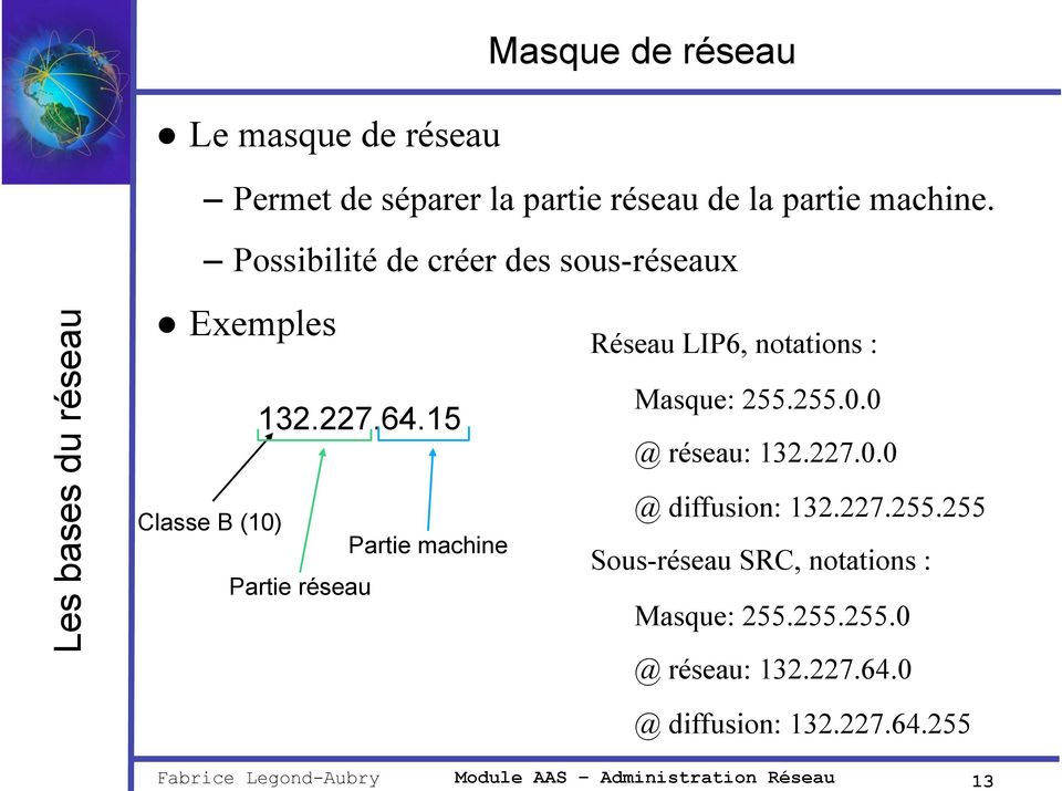 15 Classe B (10) Partie machine Partie réseau Réseau LIP6, notations : Masque: 255.255.0.0 @ réseau: 132.227.0.0 @ diffusion: 132.