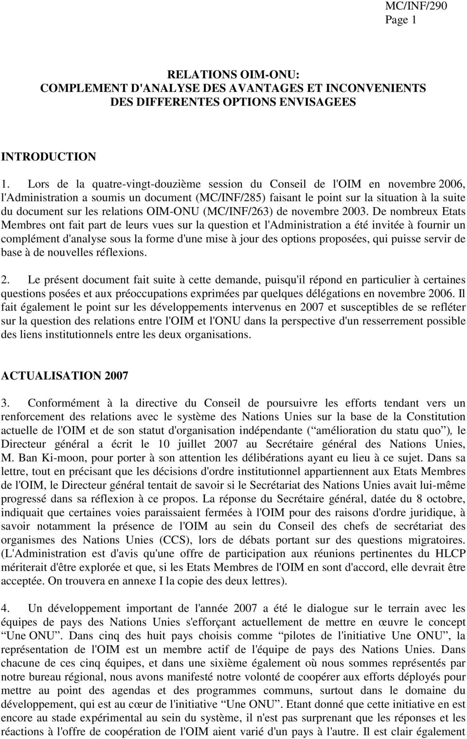 relations OIM-ONU (MC/INF/263) de novembre 2003.
