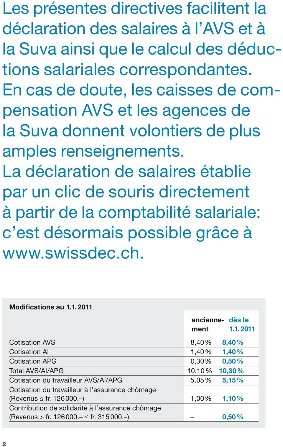 La déclaration de salaires établie par un clic de souris directement à partir de la comptabilité salariale: c est désormais possible grâce à www.swissdec.ch. Modifications au 1.