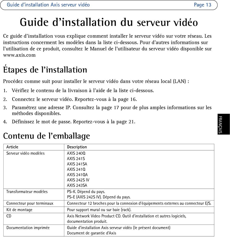 axis.com Étapes de l installation Procédez comme suit pour installer le serveur vidéo dans votre réseau local (LAN) : 1. Vérifiez le contenu de la livraison à l aide de la liste ci-dessous. 2.