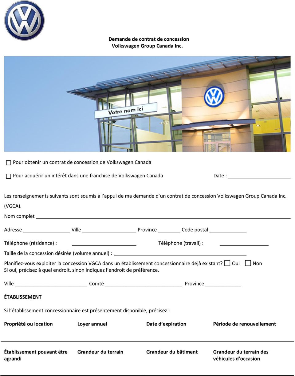 contrat de concession Volkswagen Group Canada Inc. (VGCA).