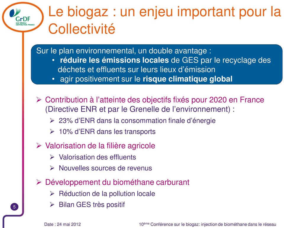 France (Directive ENR et par le Grenelle de l environnement) : 23% d ENR dans la consommation finale d énergie 10% d ENR dans les transports Valorisation de la